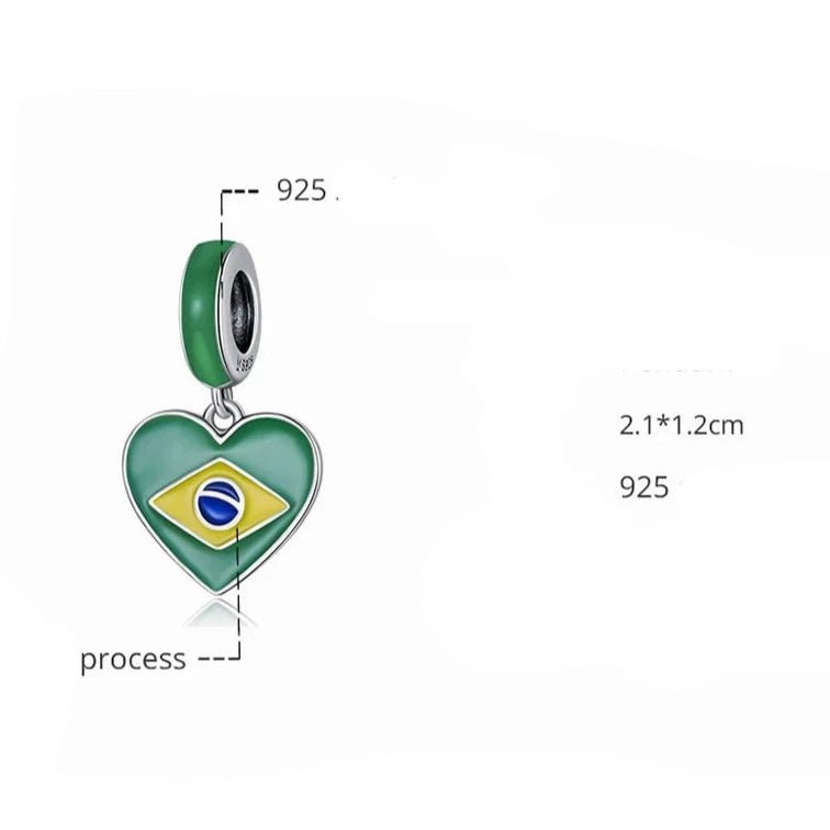 Berloque Coração Brasil Prata 925