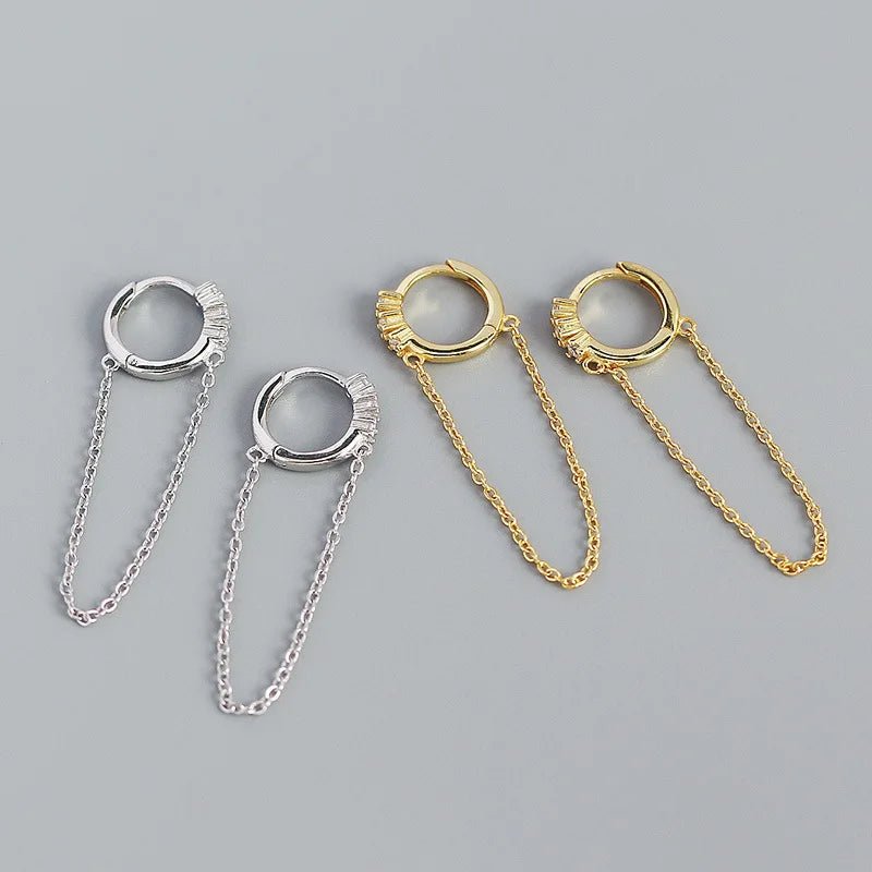 Brinco argola com corrente em prata 925 e zircônia