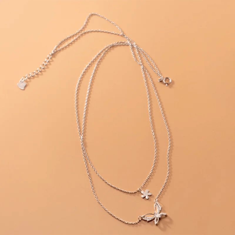 Colar Duplo Borboleta em Prata 925 com zircônia.