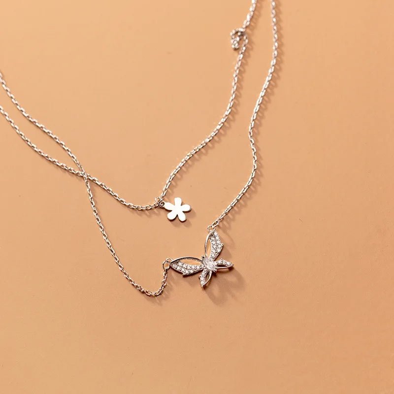 Colar Duplo Borboleta em Prata 925 com zircônia.