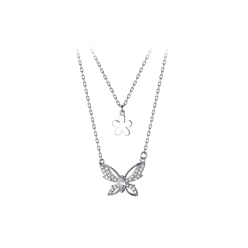 Colar Duplo Borboleta em Prata 925 com zircônia.
