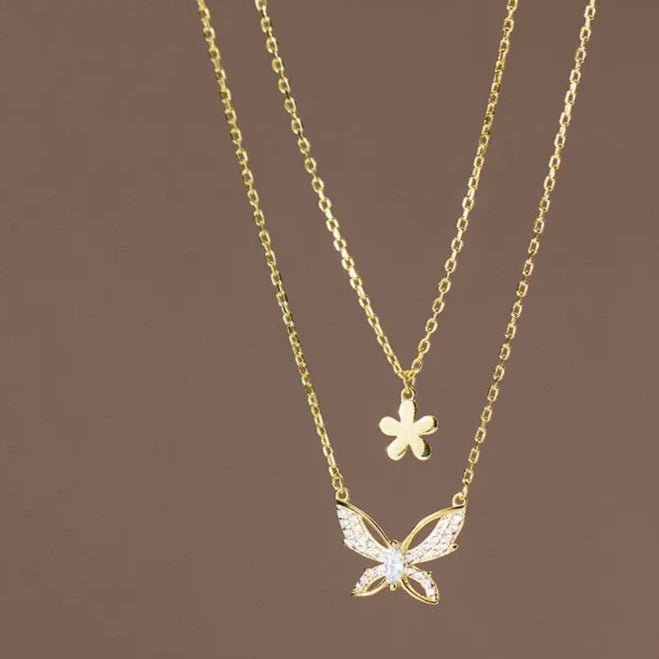 Colar Duplo Borboleta em Prata 925 com zircônia.