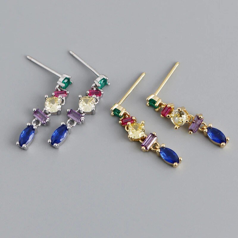 Brinco Pendente Geométrico Colorido em Prata 925 com Zircônias Arco-Íris