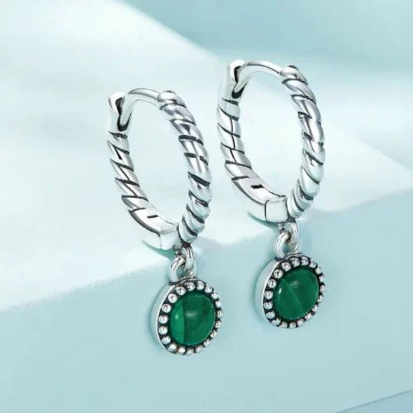 Brinco Argola com Pedra Malaquita em Prata 925