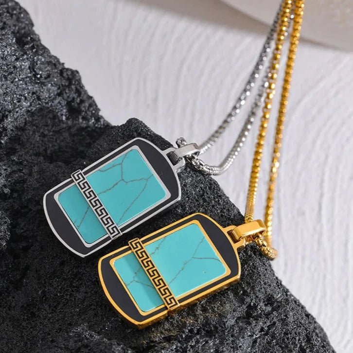 Colar Masculino com Pingente de Pedra Azul Turquesa Banhado