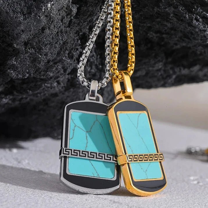 Colar Masculino com Pingente de Pedra Azul Turquesa Banhado