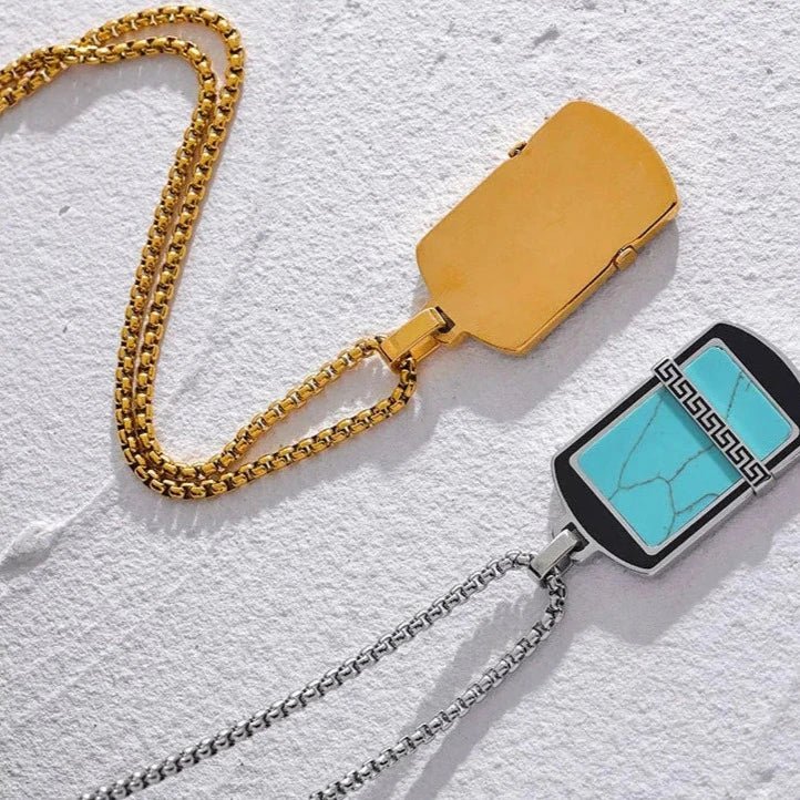 Colar Masculino com Pingente de Pedra Azul Turquesa Banhado