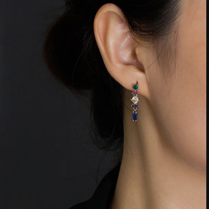 Brinco Pendente Geométrico Colorido em Prata 925 com Zircônias Arco-Íris