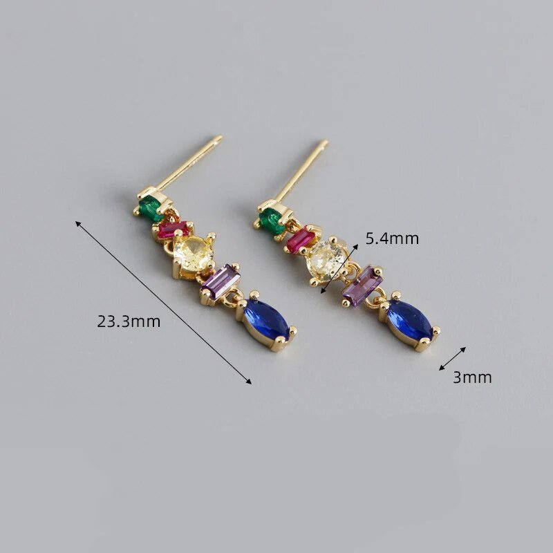 Brinco Pendente Geométrico Colorido em Prata 925 com Zircônias Arco-Íris