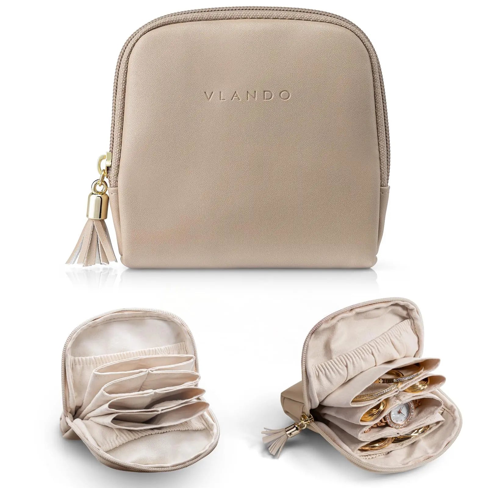 Porta-Joias de Couro com Zíper e Interior em Veludo