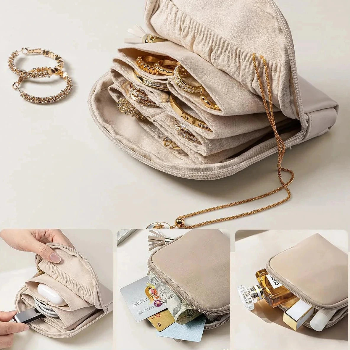 Porta-Joias de Couro com Zíper e Interior em Veludo