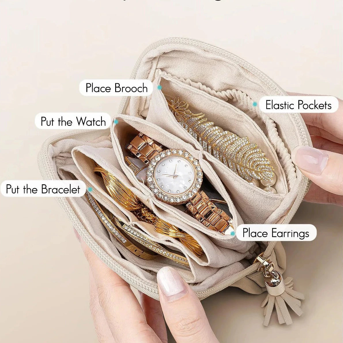 Porta-Joias de Couro com Zíper e Interior em Veludo