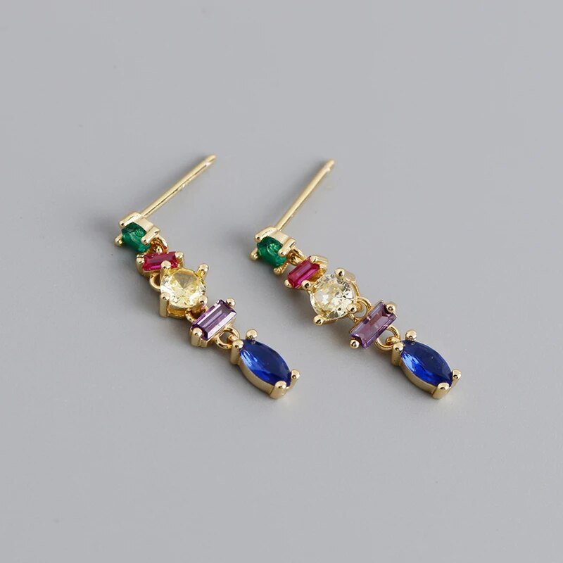 Brinco Pendente Geométrico Colorido em Prata 925 com Zircônias Arco-Íris