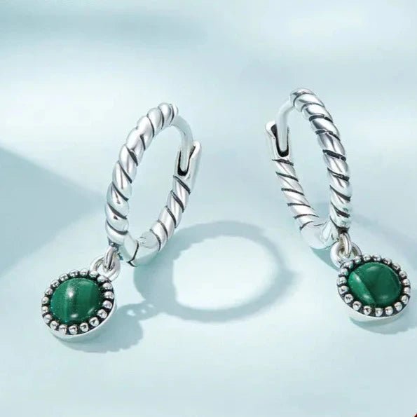 Brinco Argola com Pedra Malaquita em Prata 925