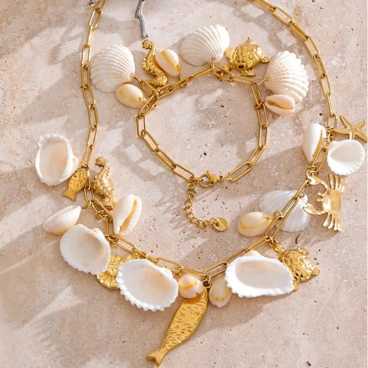 Conjunto Colar e Pulseira Geométricos em Aço Inoxidável com Banho Ouro PVD