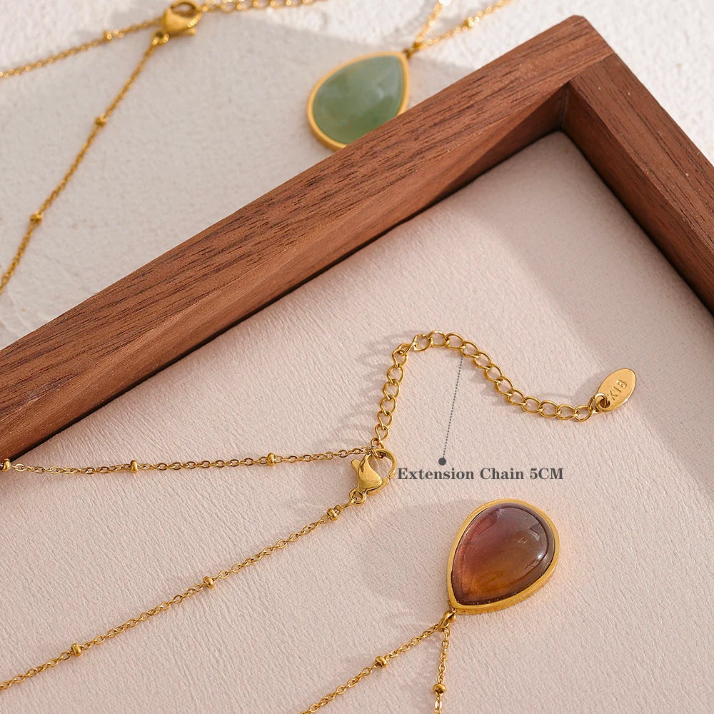 Colar Gota Pedra Natural em Aço Inoxidável com Banho de Ouro