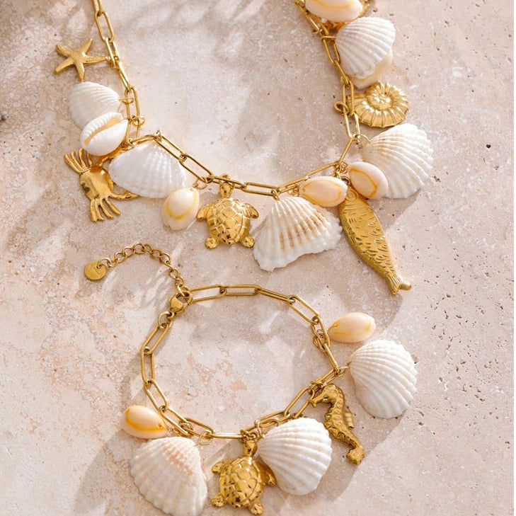 Conjunto Colar e Pulseira Geométricos em Aço Inoxidável com Banho Ouro PVD