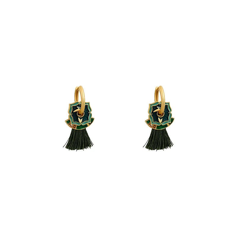 Brincos de Franjas Verde em Metal com Banho de Ouro