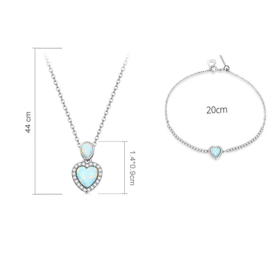 Conjunto de Joias Coração em Prata 925 com Pedra Opala e Zircônias