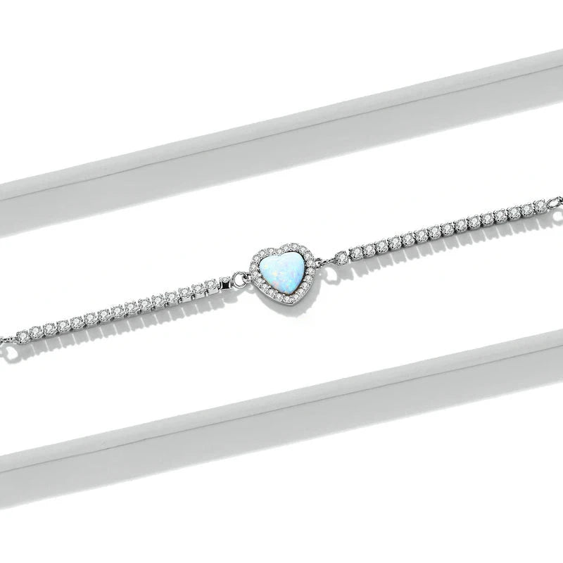 Conjunto de Joias Coração em Prata 925 com Pedra Opala e Zircônias