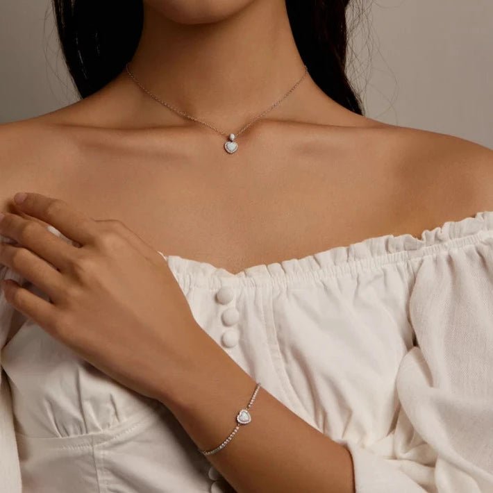 Conjunto de Joias Coração em Prata 925 com Pedra Opala e Zircônias