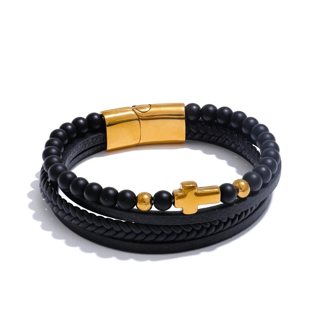 Pulseira de Couro Preto com Cruz em Aço Inoxidável
