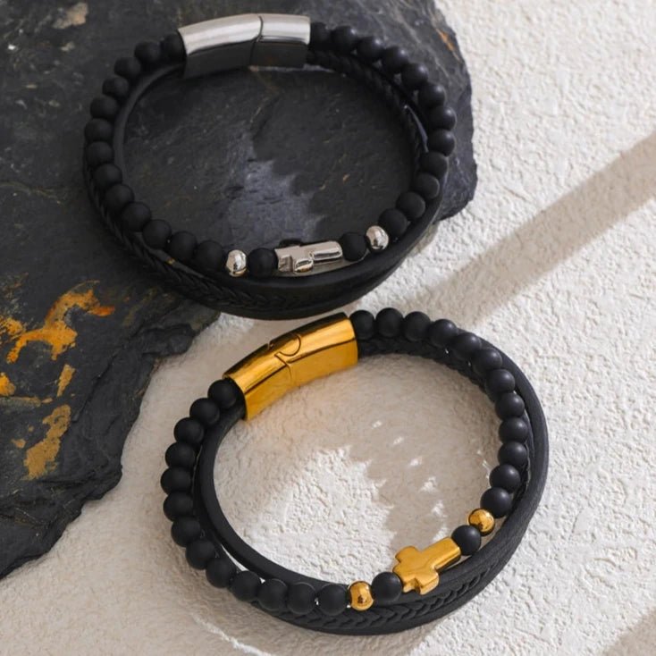 Pulseira de Couro Preto com Cruz em Aço Inoxidável