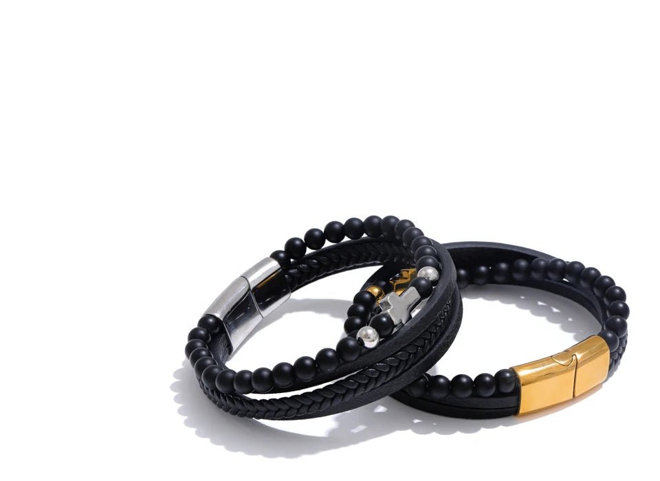 Pulseira de Couro Preto com Cruz em Aço Inoxidável