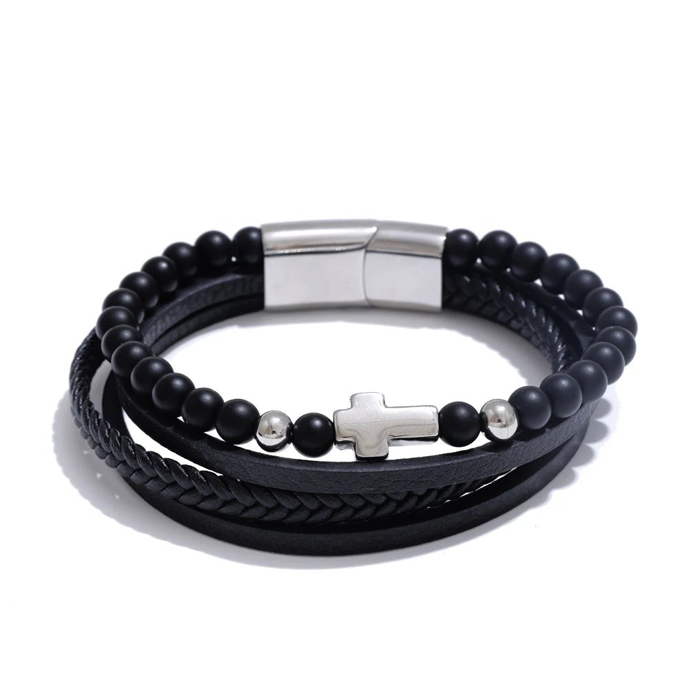 Pulseira de Couro Preto com Cruz em Aço Inoxidável