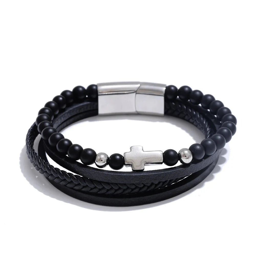 Pulseira de Couro Preto com Cruz em Aço Inoxidável