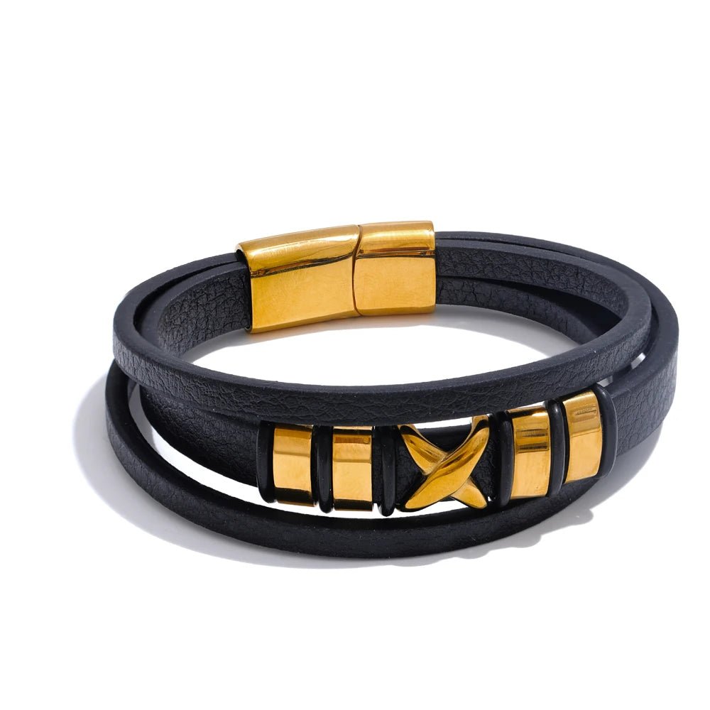 Pulseira Couro Preto e Aço Inoxidável - MAS_56 folheada a ouro da Vonn | Vonn