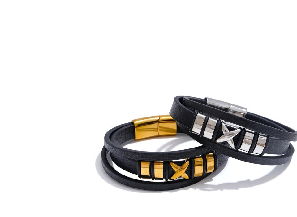Pulseira Couro Preto e Aço Inoxidável - MAS_56 folheada a ouro da Vonn | Vonn