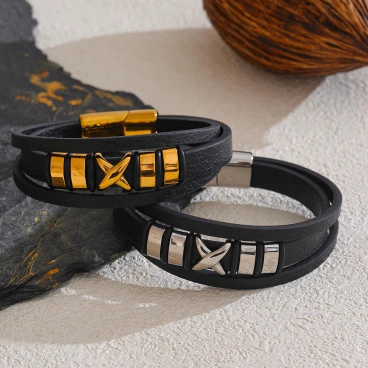 Pulseira Couro Preto e Aço Inoxidável - MAS_56 folheada a ouro da Vonn | Vonn