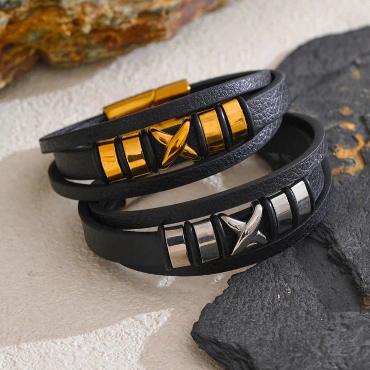 Pulseira Couro Preto e Aço Inoxidável - MAS_56 folheada a ouro da Vonn | Vonn