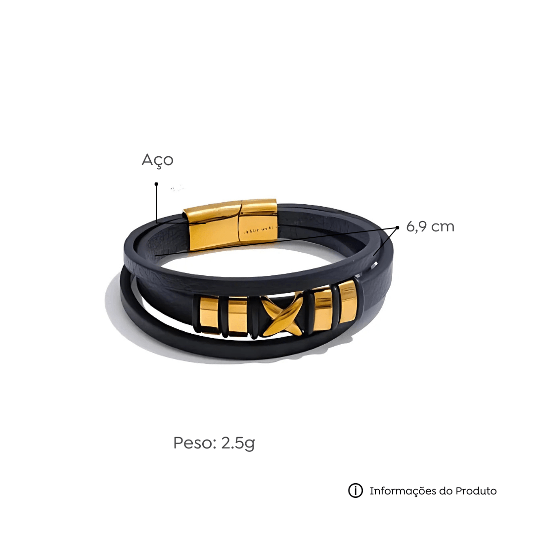 Pulseira Couro Preto e Aço Inoxidável - MAS_56 folheada a ouro da Vonn | Vonn