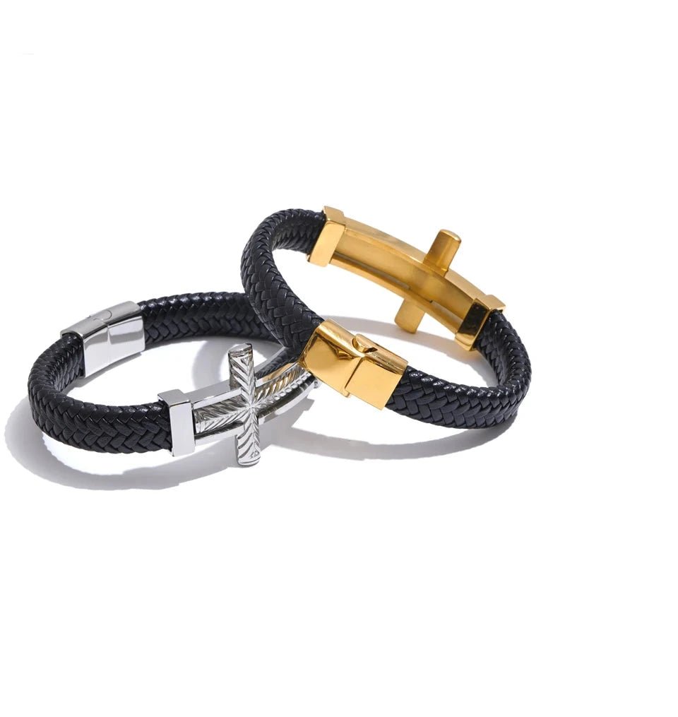 Pulseira Cruz Masculina em Couro com Aço Inoxidável