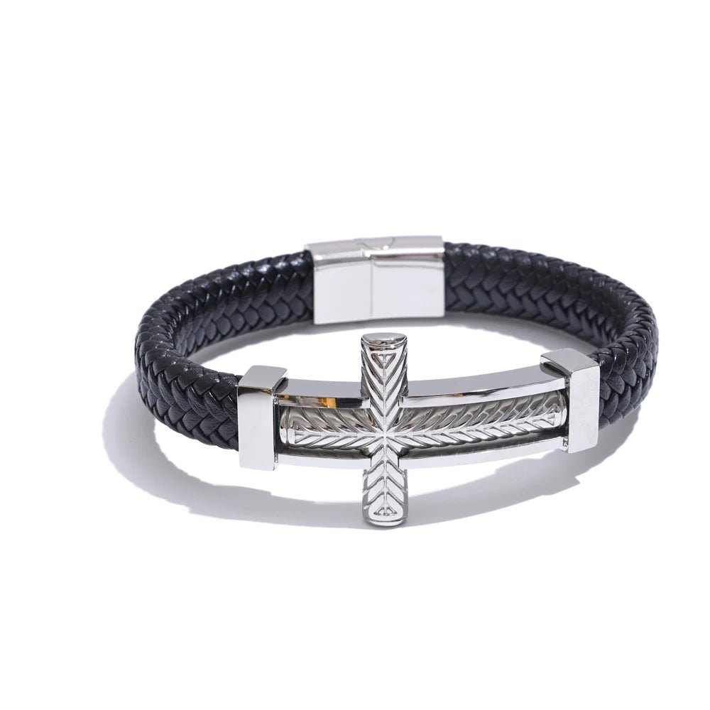 Pulseira Cruz Masculina em Couro com Aço Inoxidável