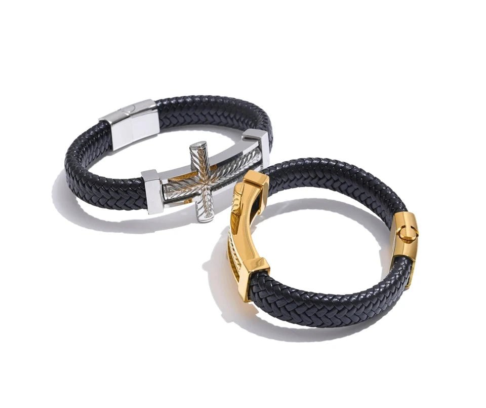 Pulseira Cruz Masculina em Couro com Aço Inoxidável