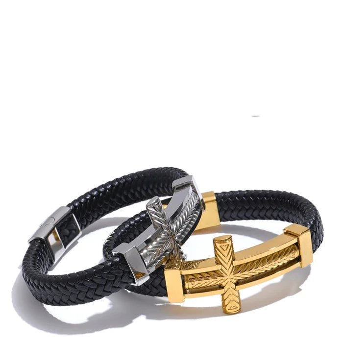 Pulseira Cruz Masculina em Couro com Aço Inoxidável