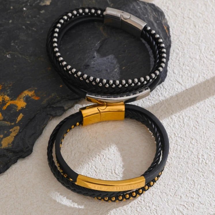Pulseira de Couro Preto Trançado em Duas Camadas