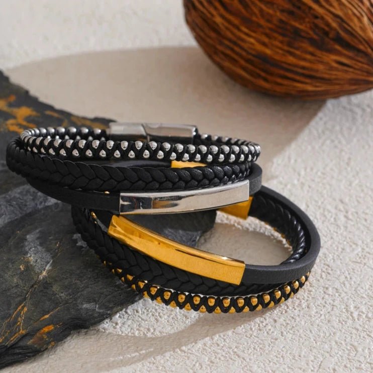 Pulseira de Couro Preto Trançado em Duas Camadas