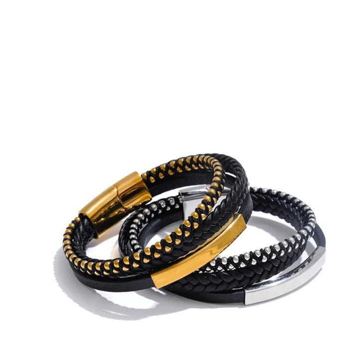 Pulseira de Couro Preto Trançado em Duas Camadas