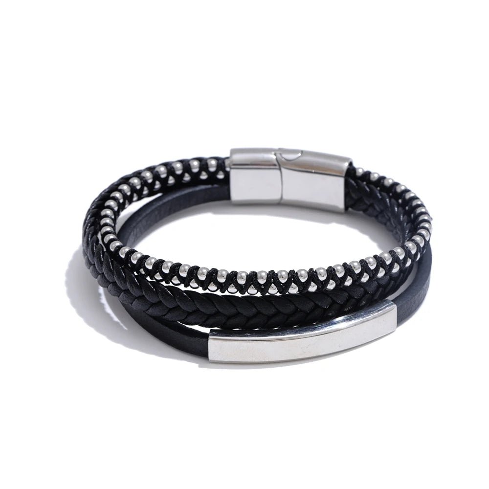 Pulseira de Couro Preto Trançado em Duas Camadas