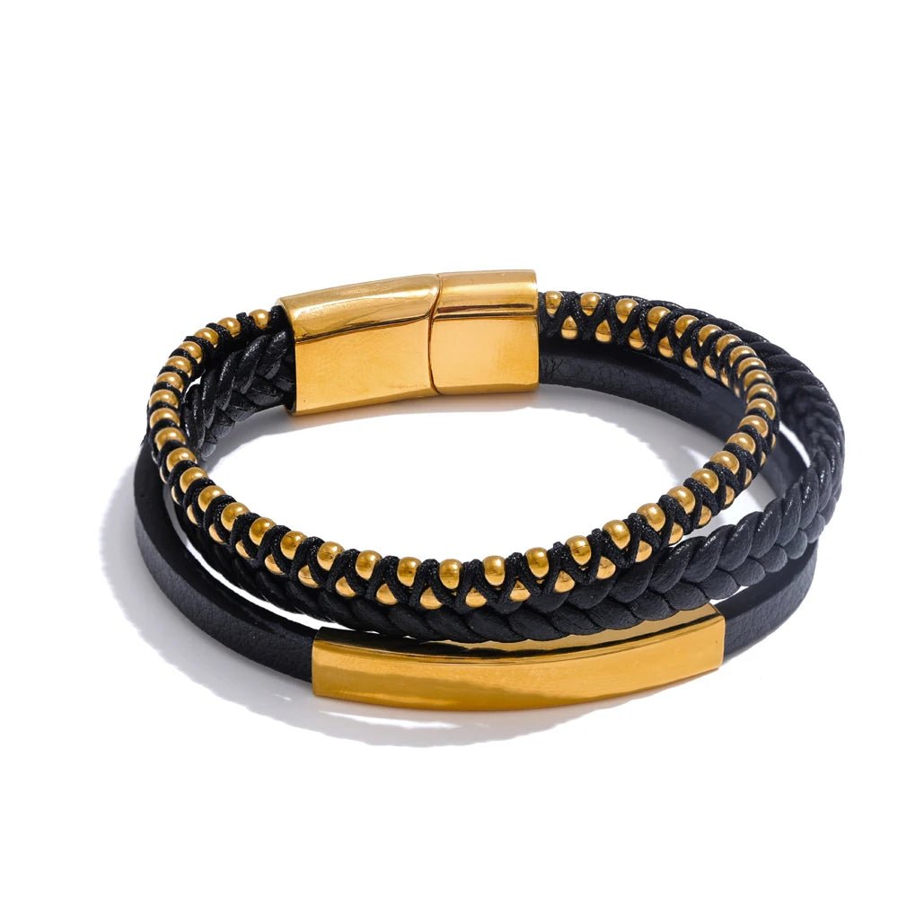 Pulseira de Couro Preto Trançado em Duas Camadas