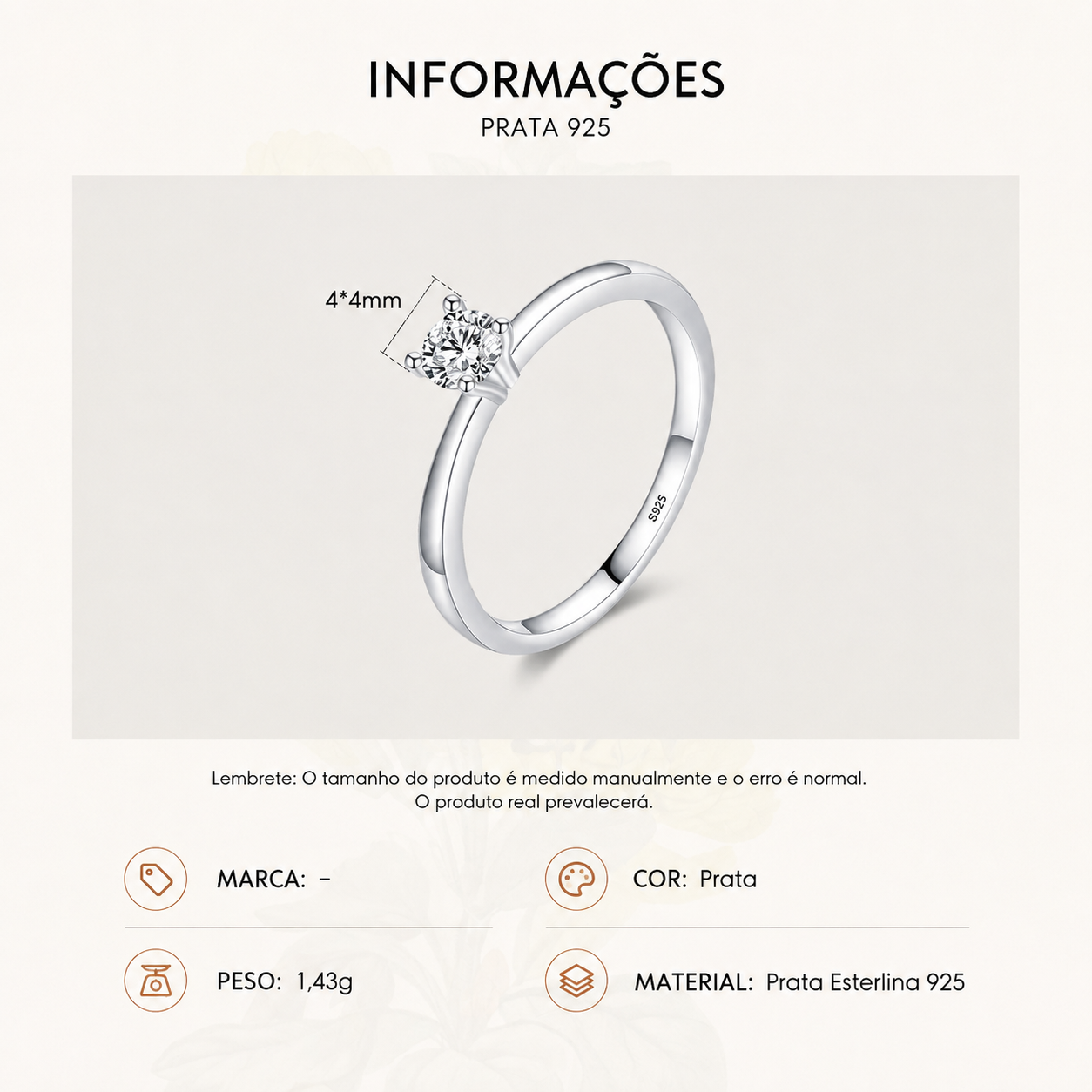 Anel Solitário em Prata 925