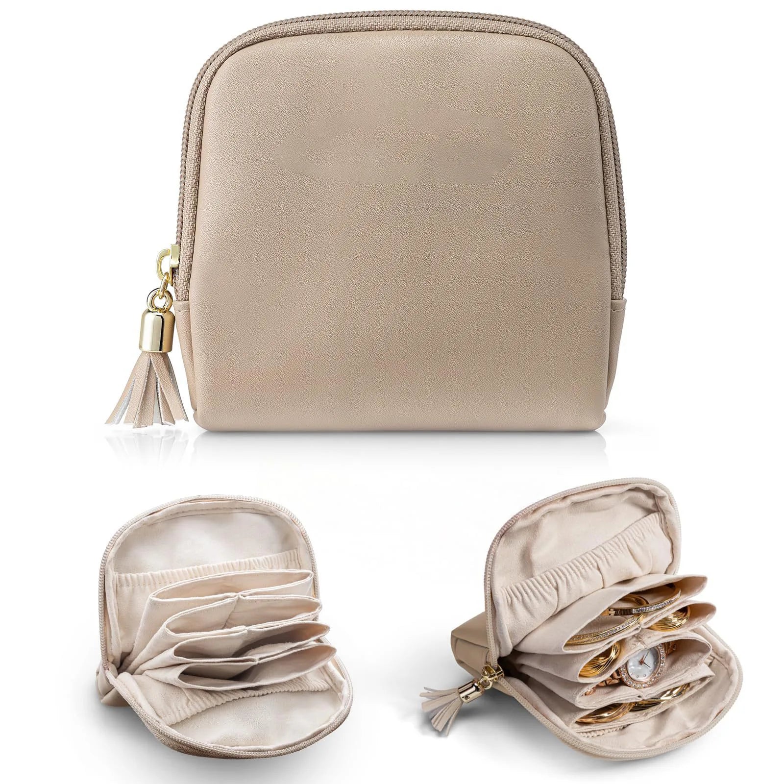 Porta-Joias de Couro com Zíper e Interior em Veludo