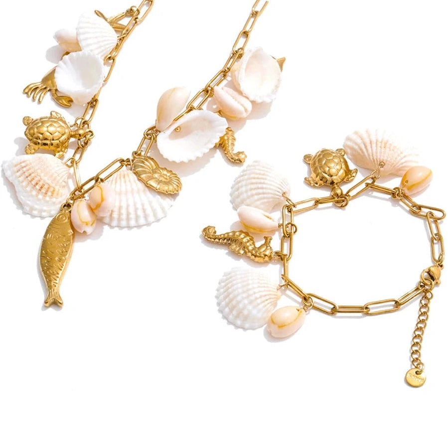 Conjunto Colar e Pulseira Geométricos em Aço Inoxidável com Banho Ouro PVD