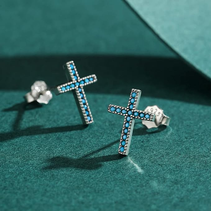 Brinco Crucifixo Azul em Prata 925 com Pedra Turquesa