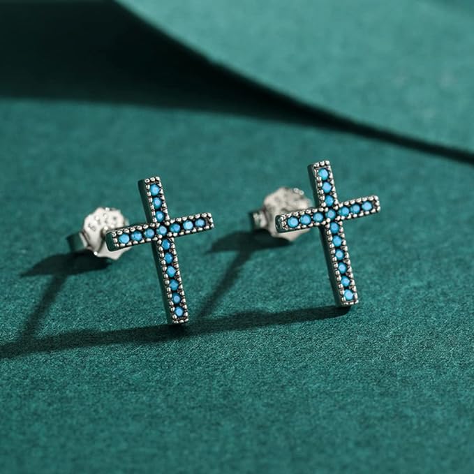 Brinco Crucifixo Azul em Prata 925 com Pedra Turquesa